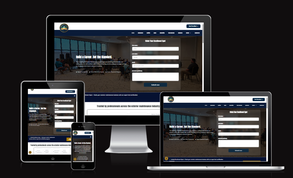 Exterior maintenance training academy website with enrollment form