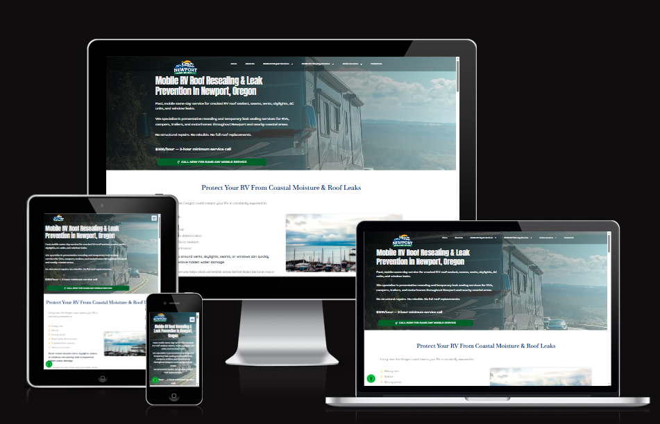 Mobile RV roof resealing website for Newport Oregon