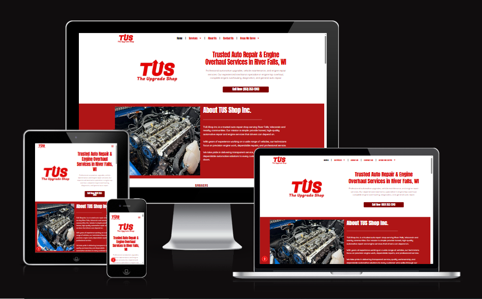 TUS Shop auto repair and engine overhaul website for River Falls Wisconsin