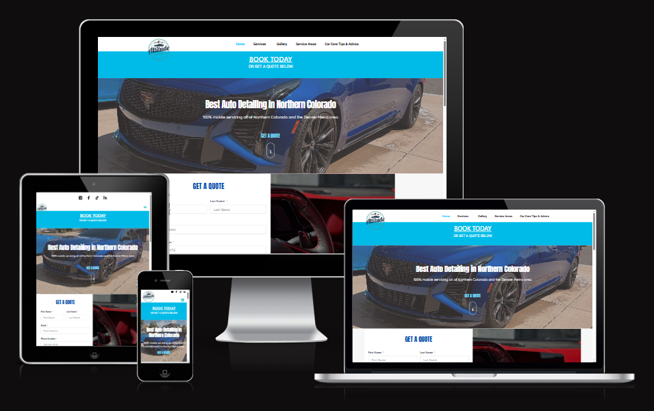 Altitude Car Care auto detailing website shown on desktop, laptop, tablet and phone