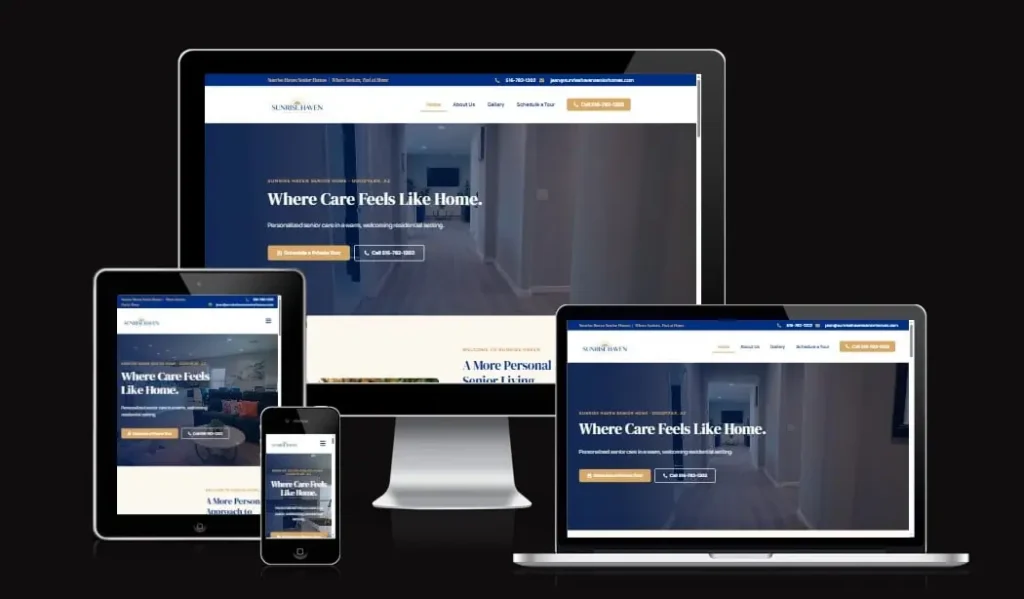 Sunrise Haven Senior Homes senior care website for Goodyear Arizona shown on desktop, laptop, tablet and phone